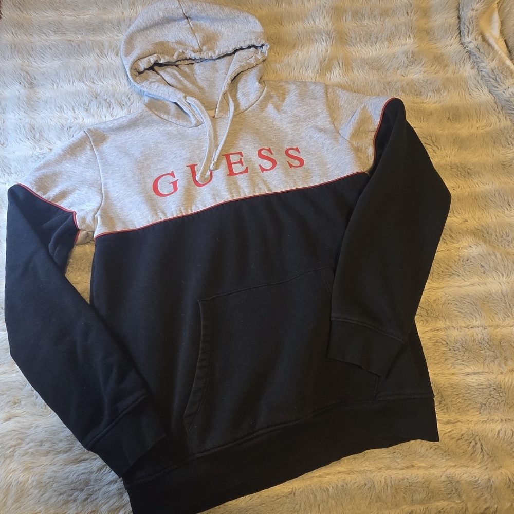 GUESS Men's Black and Light Gray Hoodie